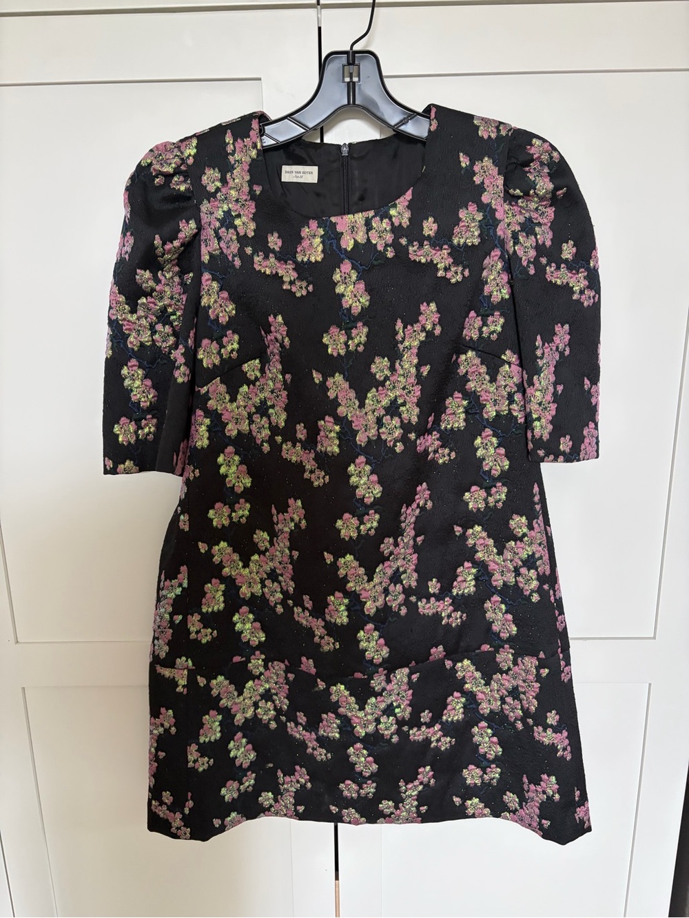 Dries Van Noten Black Floral Jacquard Mini Dress in Pink and Green